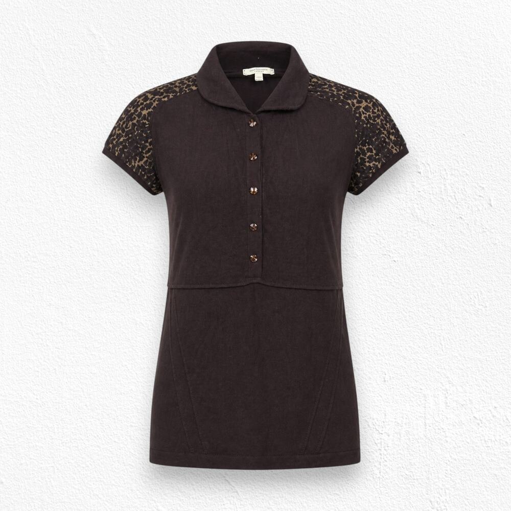Burberry London Brown Merino Wool Silk Leopard Sleeve Polo Top Size Large Italy